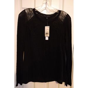 NWT SANCTUARY CLOTHING Stretchy Black KNIT TOP Lace Insets, Linen blend XS